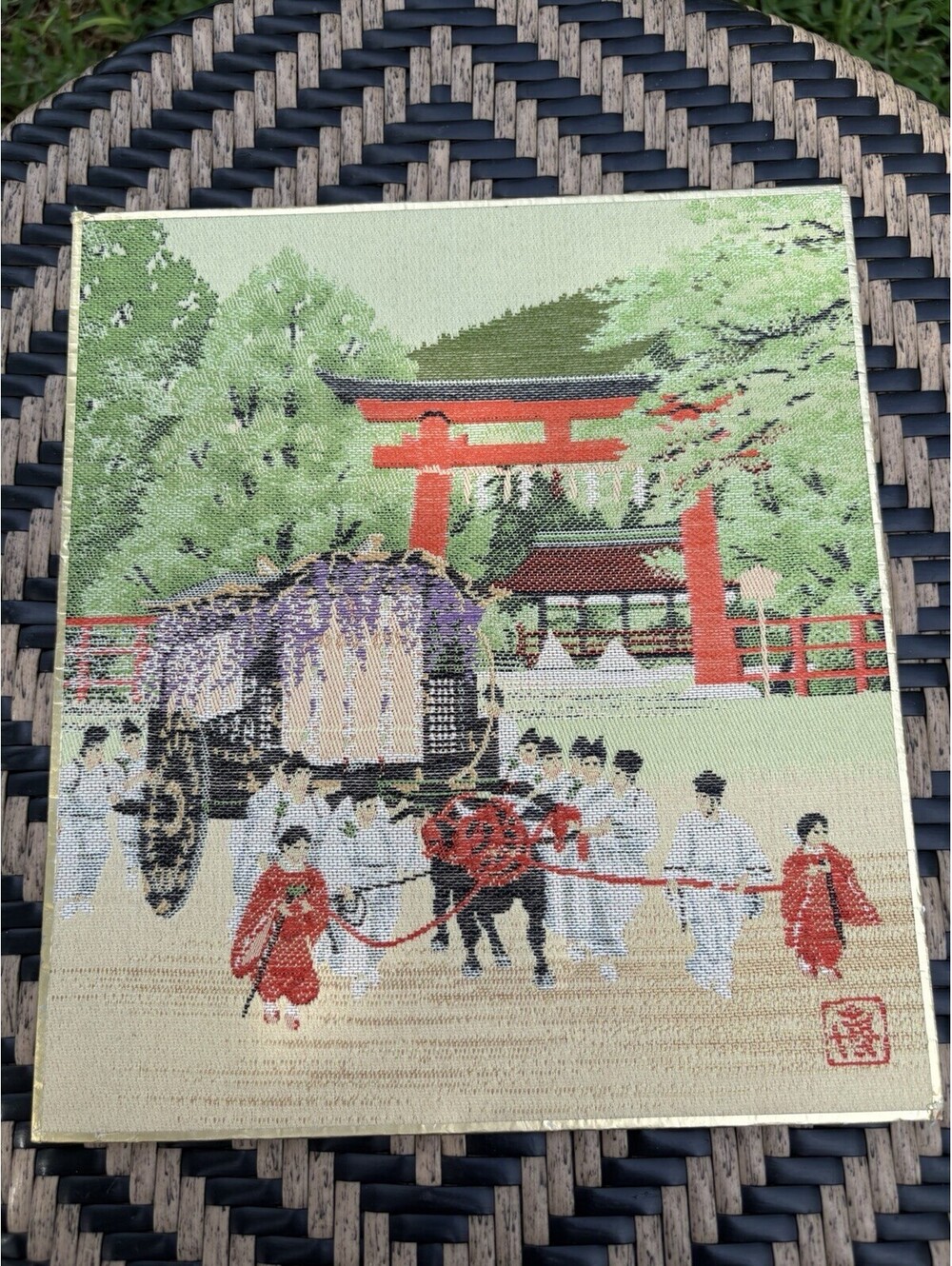 Vintage Aya Nishijin Silk Aoi Matsuri Shikishi: Japanese Woven Textile Wall Art